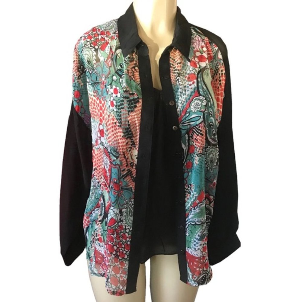 Lola P. Colorful Abstract Button Up Blouse w/ Tank